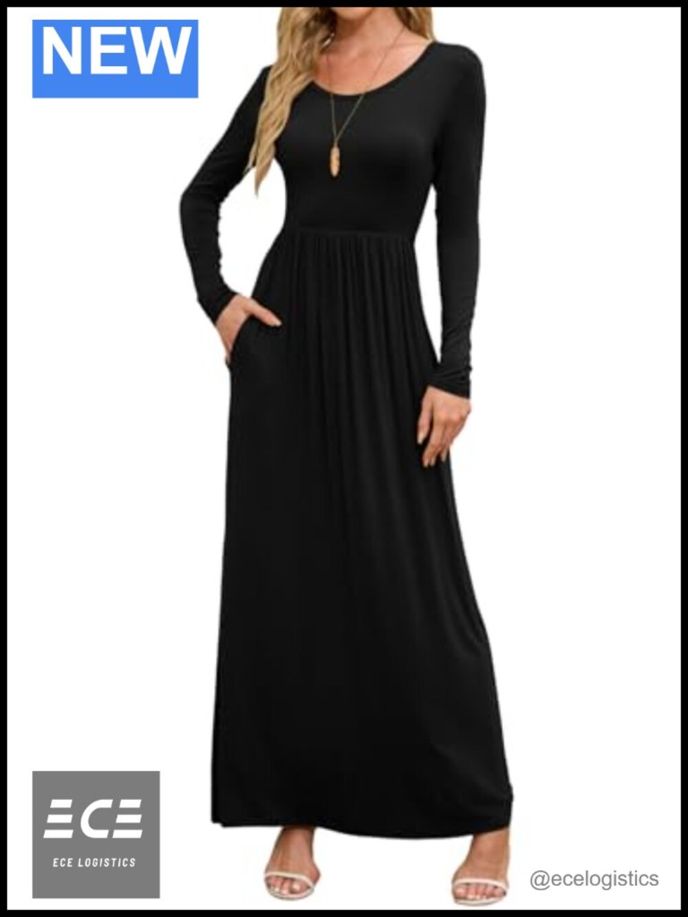 Women's Long Sleeve Maxi Dress Crewneck Empire Waist Stretch Pockets